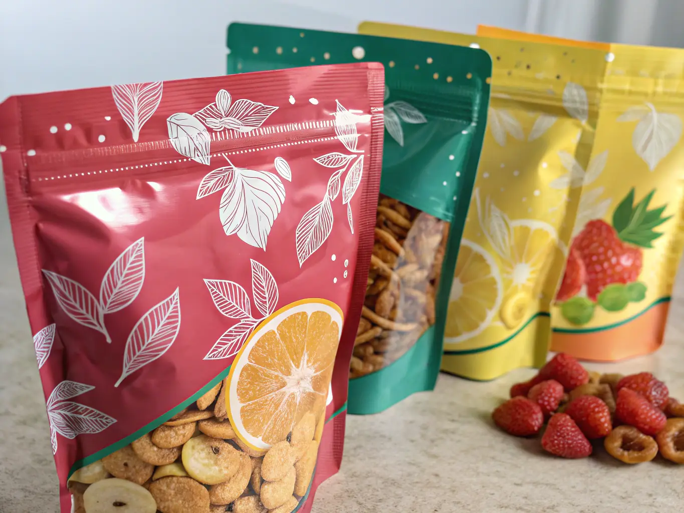 A high-resolution image displaying different printing techniques, such as offset, flexo, and digital printing, on various packaging samples.