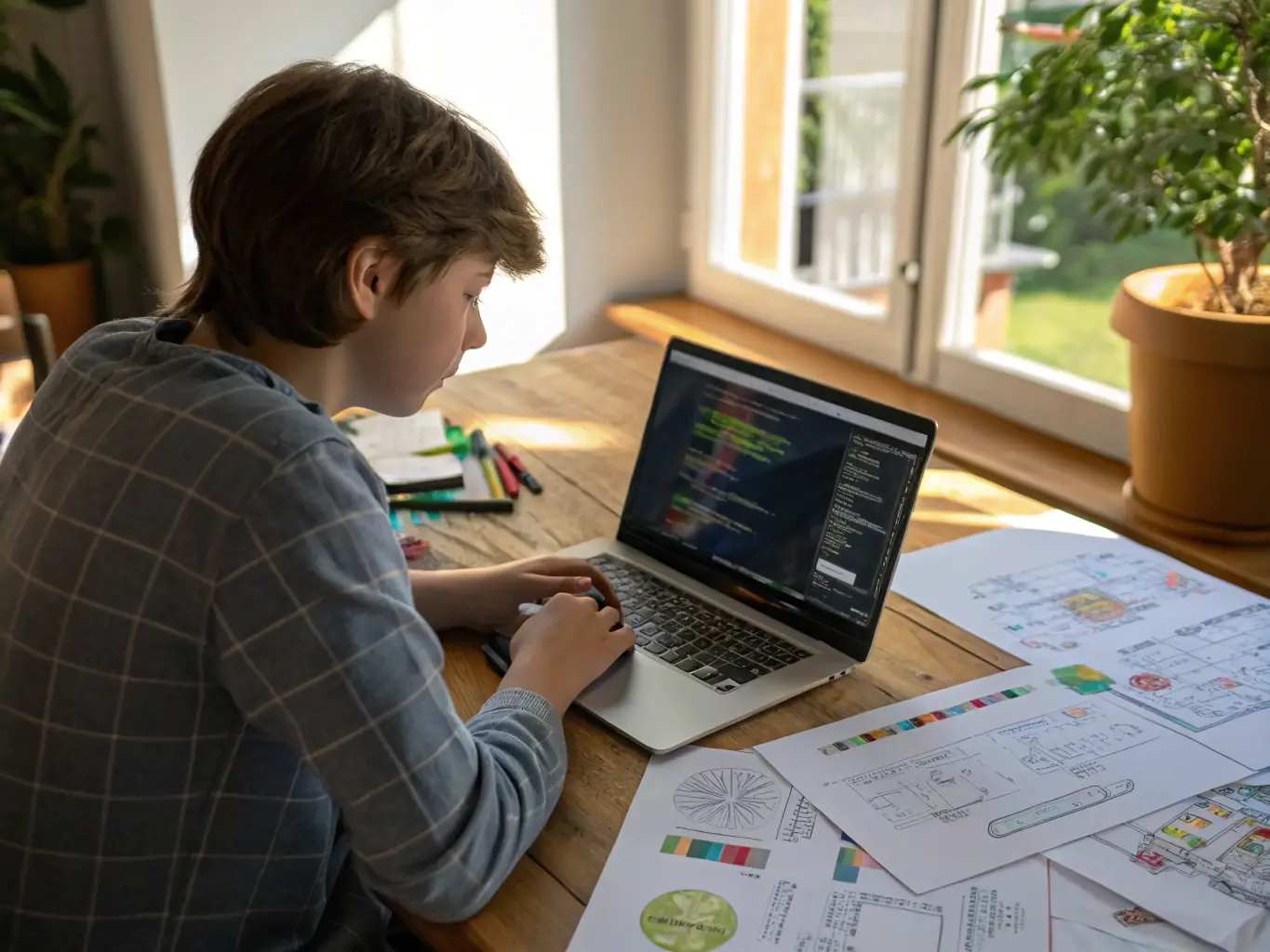 A graphic designer working on a packaging design on a computer, surrounded by sketches and mock-ups of different packaging concepts.