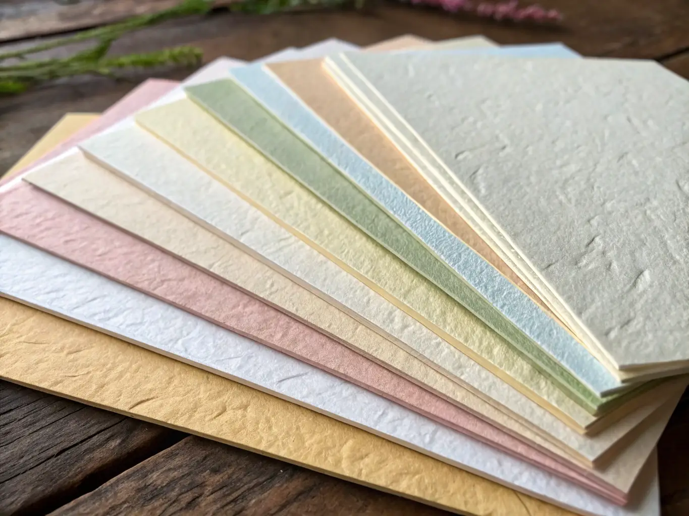 Close-up shot of various paper samples showcasing different textures and finishes available for custom packaging at KL Craftech.